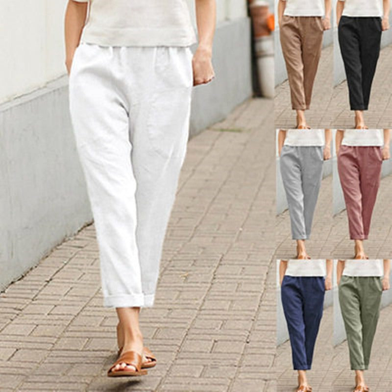 Linen cotton loose straight leg cropped pants