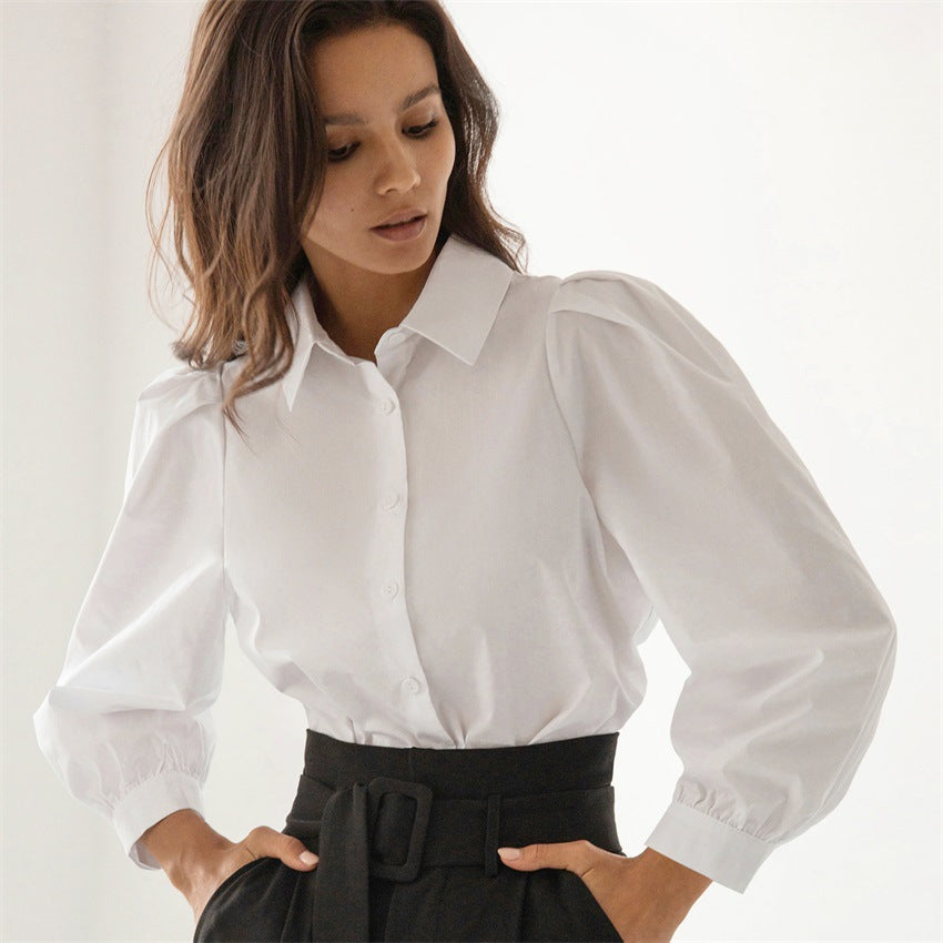 100% Cotton Shirt Temperament Puff Sleeve Top Pure Cotton White Shirt Professional Women's Clothing