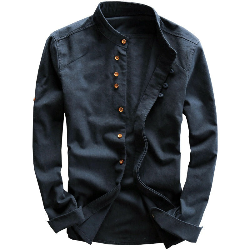 New men's casual linen shirt in autumn and winter, Chinese style stand up collar cotton linen shirt