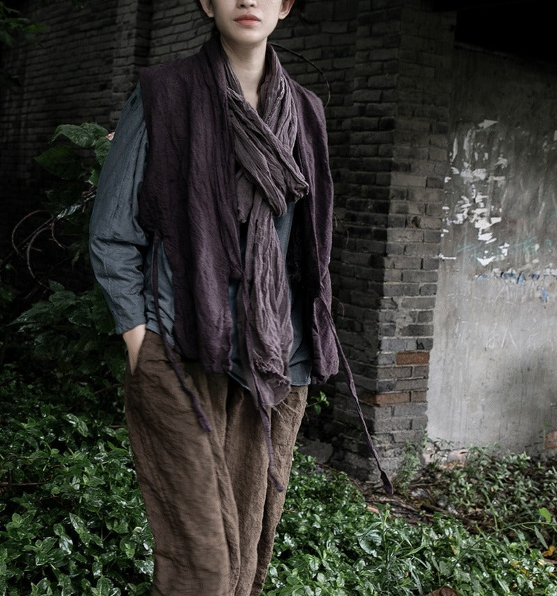 Linen double layer vest with side hollows and textured cotton and linen artistic vest