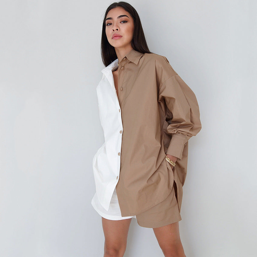 Contrast Color Long Sleeved Shirt Shorts Two Piece Cotton Linen Casual Fashion Suit
