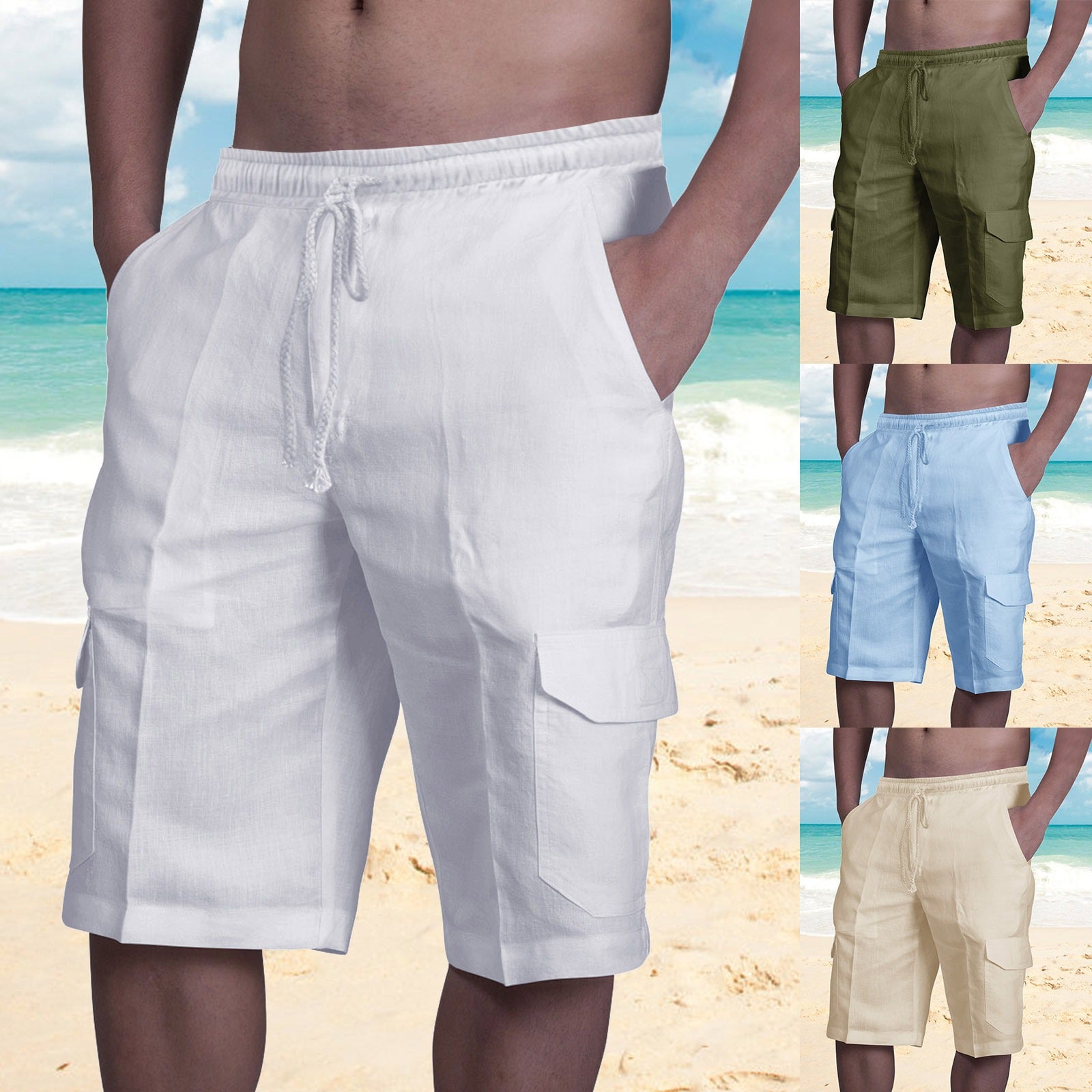 New Linen Shorts Multi Bag Lace Up Men's Beach Overalls
