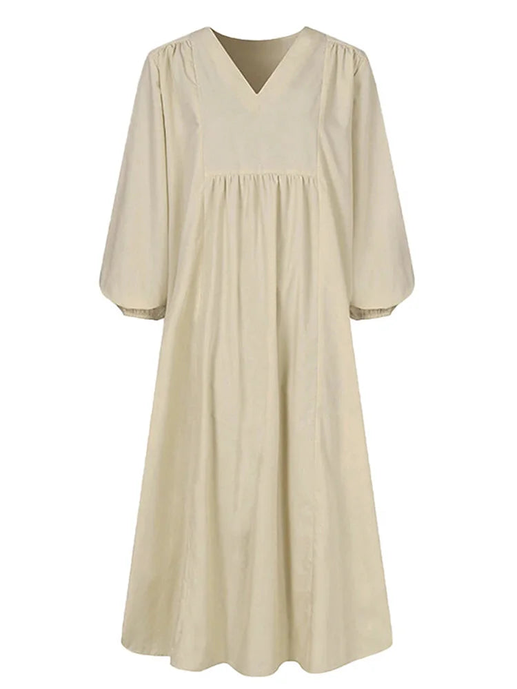 Cotton Linen Solid Color Casual Long Dress Lantern Sleeve Dress