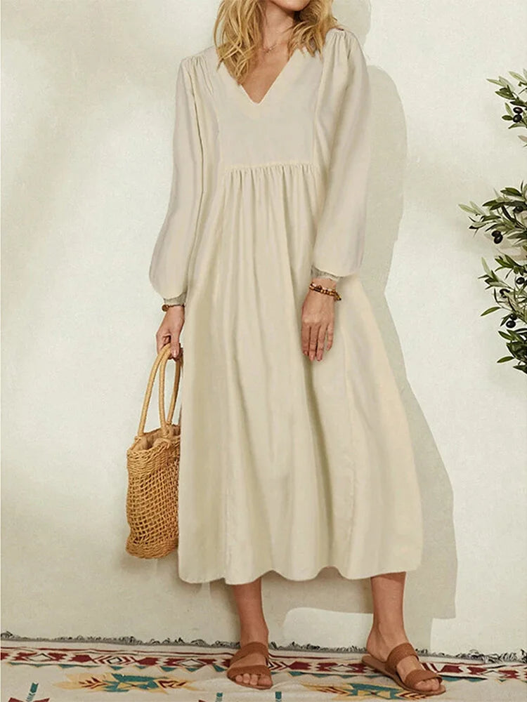Cotton Linen Solid Color Casual Long Dress Lantern Sleeve Dress