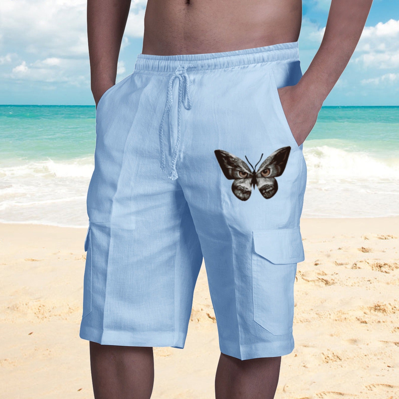 New Linen Shorts Multi Bag Lace Up Men's Beach Overalls