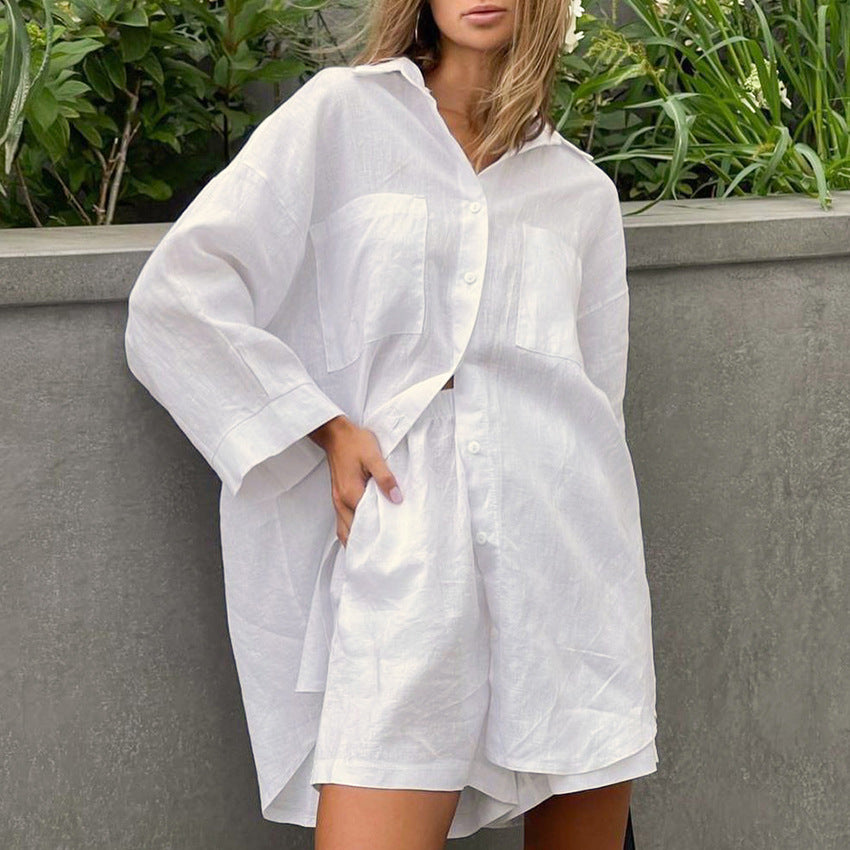 Summer Cotton And Linen Women's Shirt Commuting Loose Wide-Leg Pants Design Niche White Casual Suit