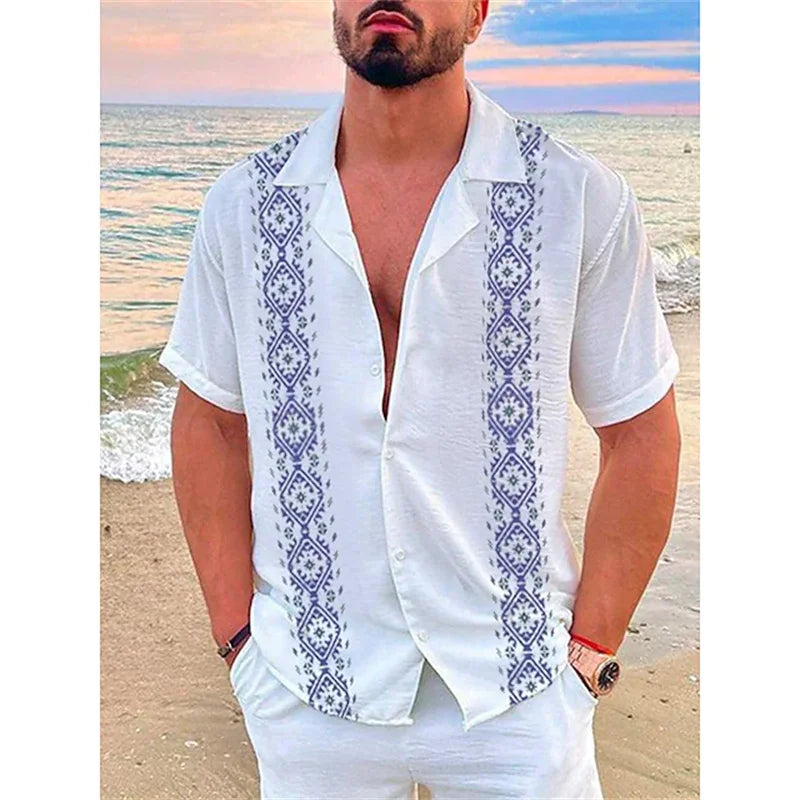 Fashion new men's shirt Hawaiian shirt geometric print Cuba collar white Hawaiian short sleeve plus size high quality coat