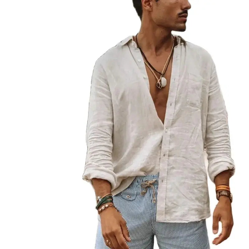 Summer Men's Linen Long Sleeve Shirt Thin Cool Clothes Loose Hawaiian Korean Fashion Street Dress New T-shirt